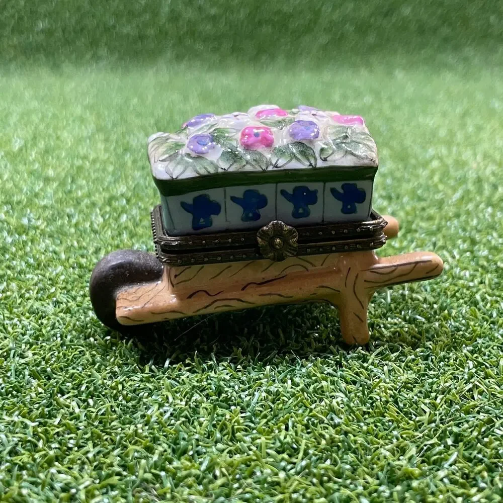 Vintage Miniature Porcelain Wheelbarrow Hinged Trinket Box